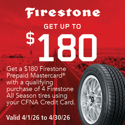 Get up to $180 Back on a Set of 4 Select Firestone Tires Using the CFNA Credit Card