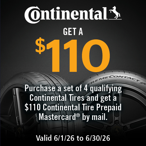 Receive $110 Back on a Set of 4 new select Continental tires