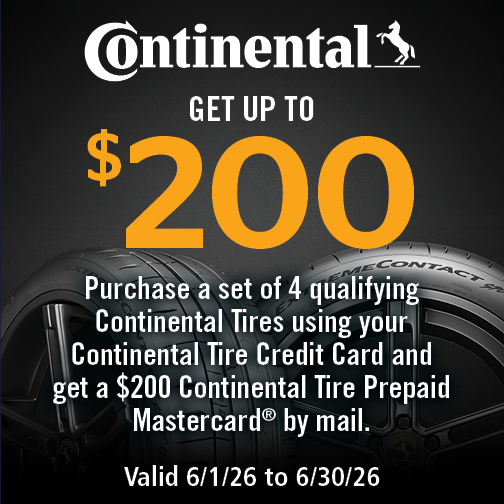 Receive $200 Back on a Set of 4 new select Continental tires when using the CFNA credit card